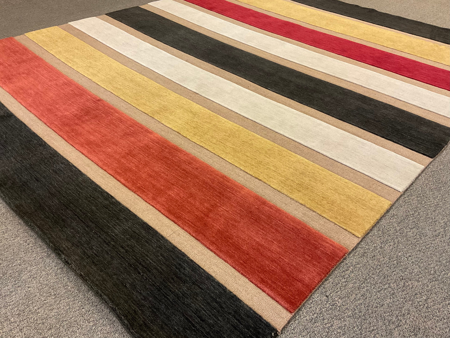 Handmade High-Low Strip Rug in Charcoal, Yellow, Ivory, Rose | 1116