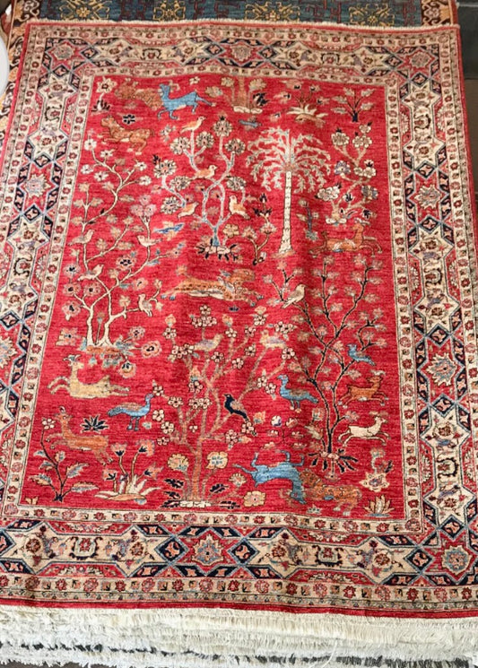 Handmade Afghan Persian Garden Rug in Red Vegetable Dye | 1807-