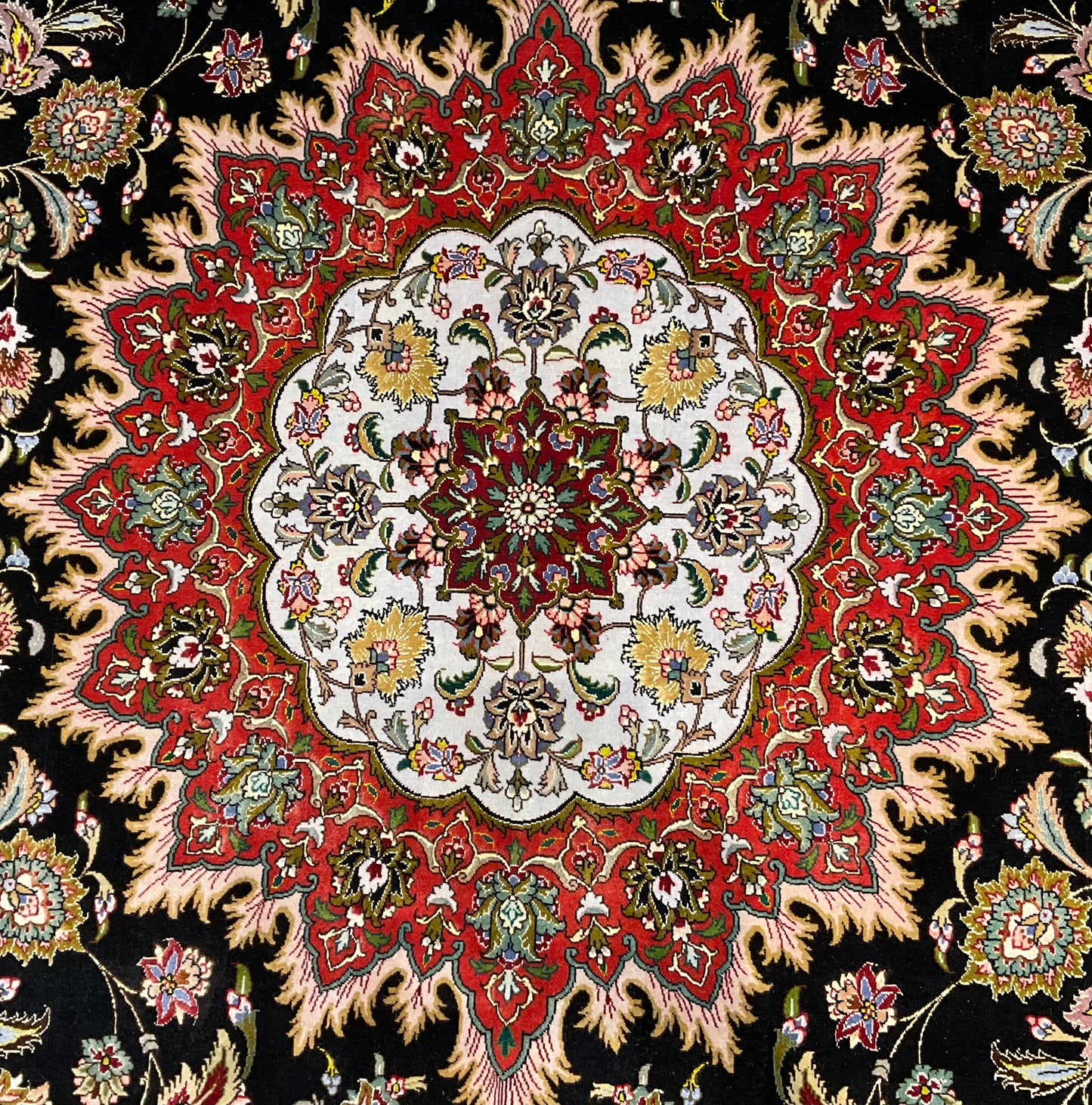 Floral Tabriz rug features a deep black background | NU-2387