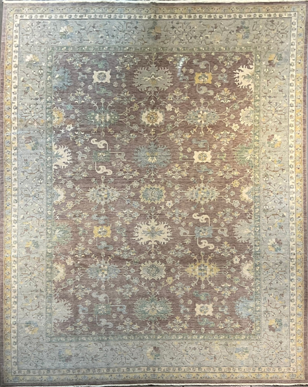 100% Wool Dark Taupe & Sage Floral Area Rug (9x12) One of a Kind | NU-8566