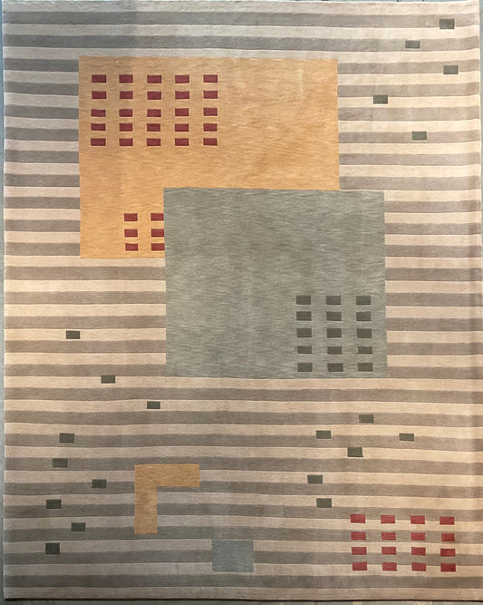 Abstract Modern Fine Wool Rug in Coral, Green & Rose Tones | 1010