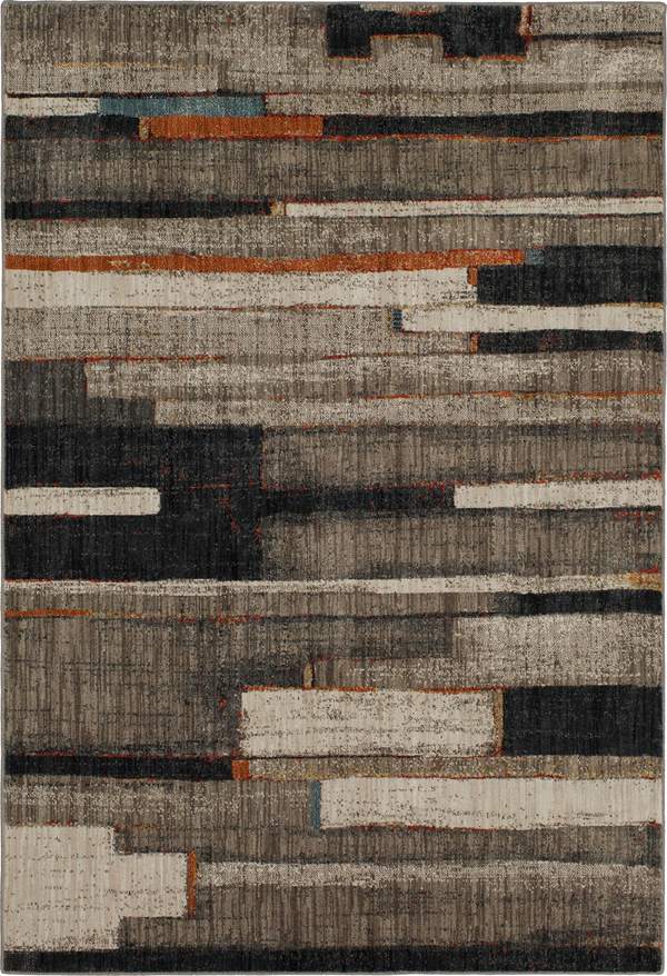 Modern 8'x11' area rug showcases taupe, grey, black and ivory tones