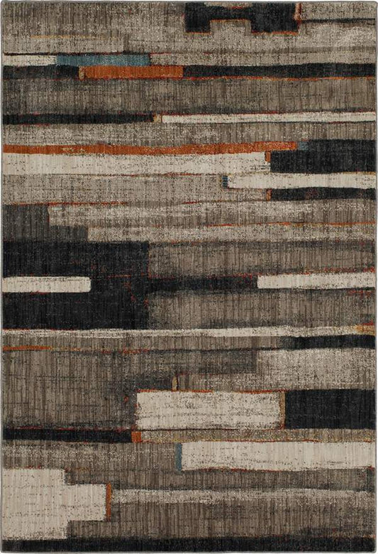 Modern 8'x11' area rug showcases taupe, grey, black and ivory tones