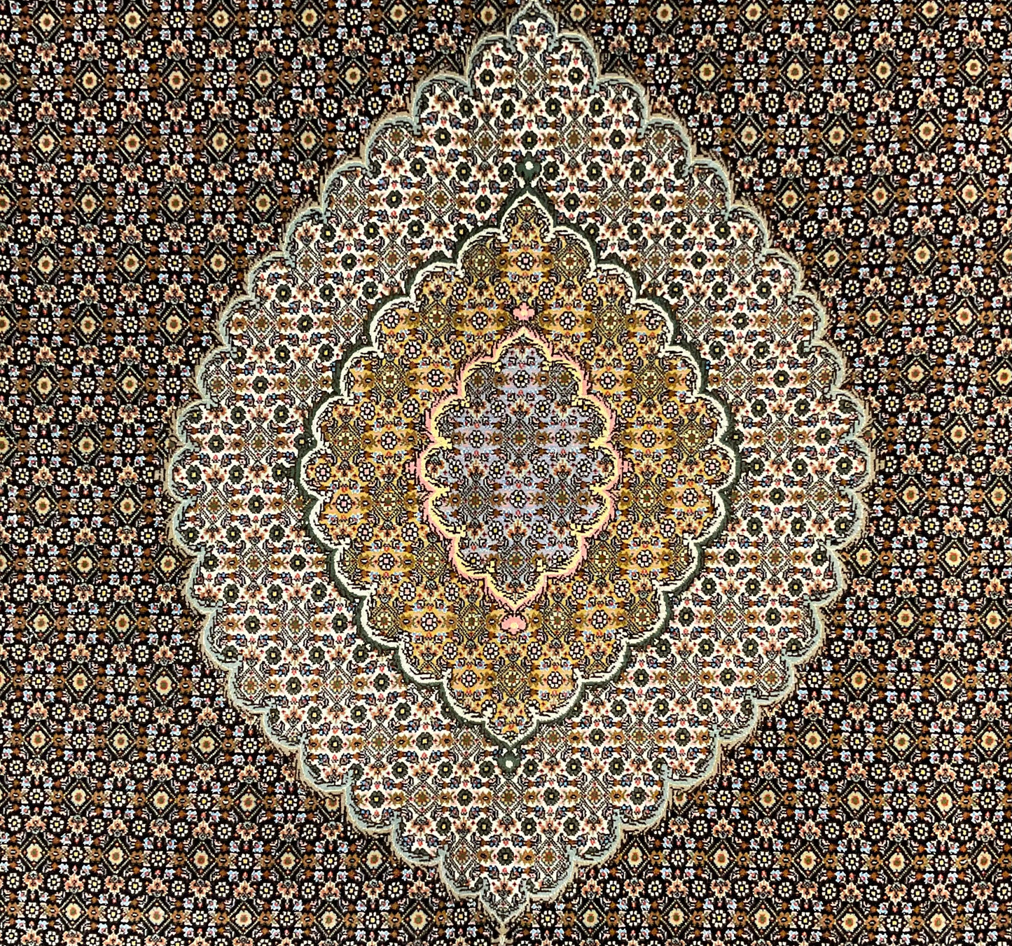 Mahi Tabriz rug features a deep black-brown field | NU-4780