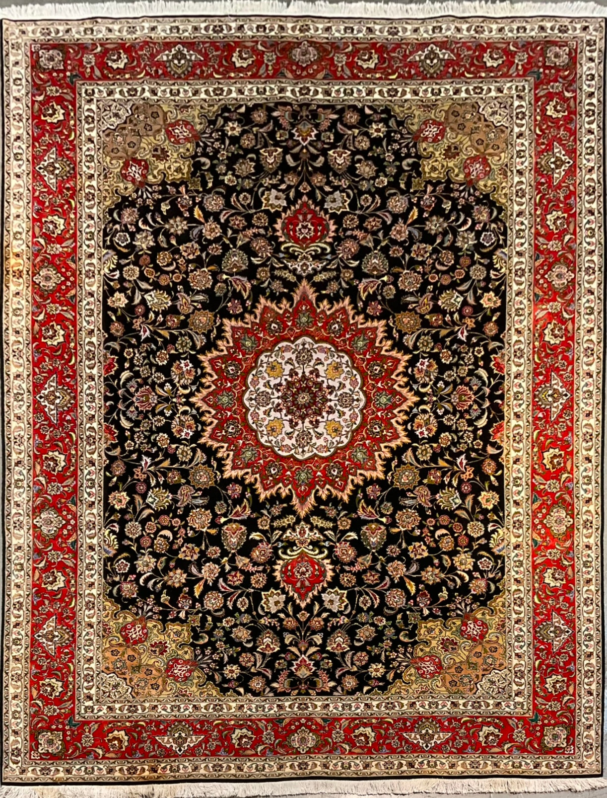 Floral Tabriz rug features a deep black background | NU-2387