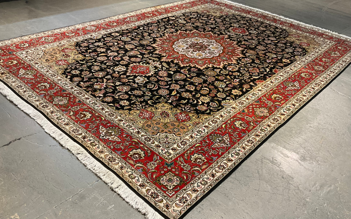 Floral Tabriz rug features a deep black background | NU-2387