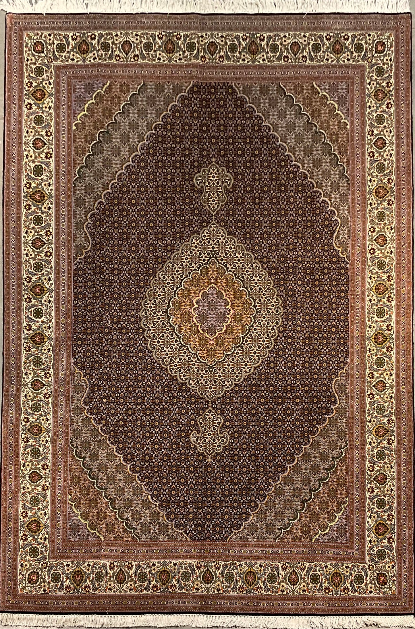 Mahi Tabriz rug features a deep black-brown field | NU-4780