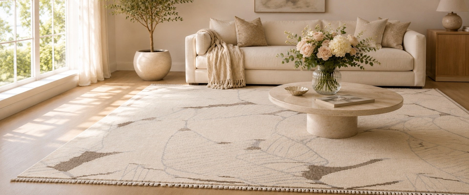 Living room area rug with a large map rug, beige sofa, and coffee table with flowers in Seattle.