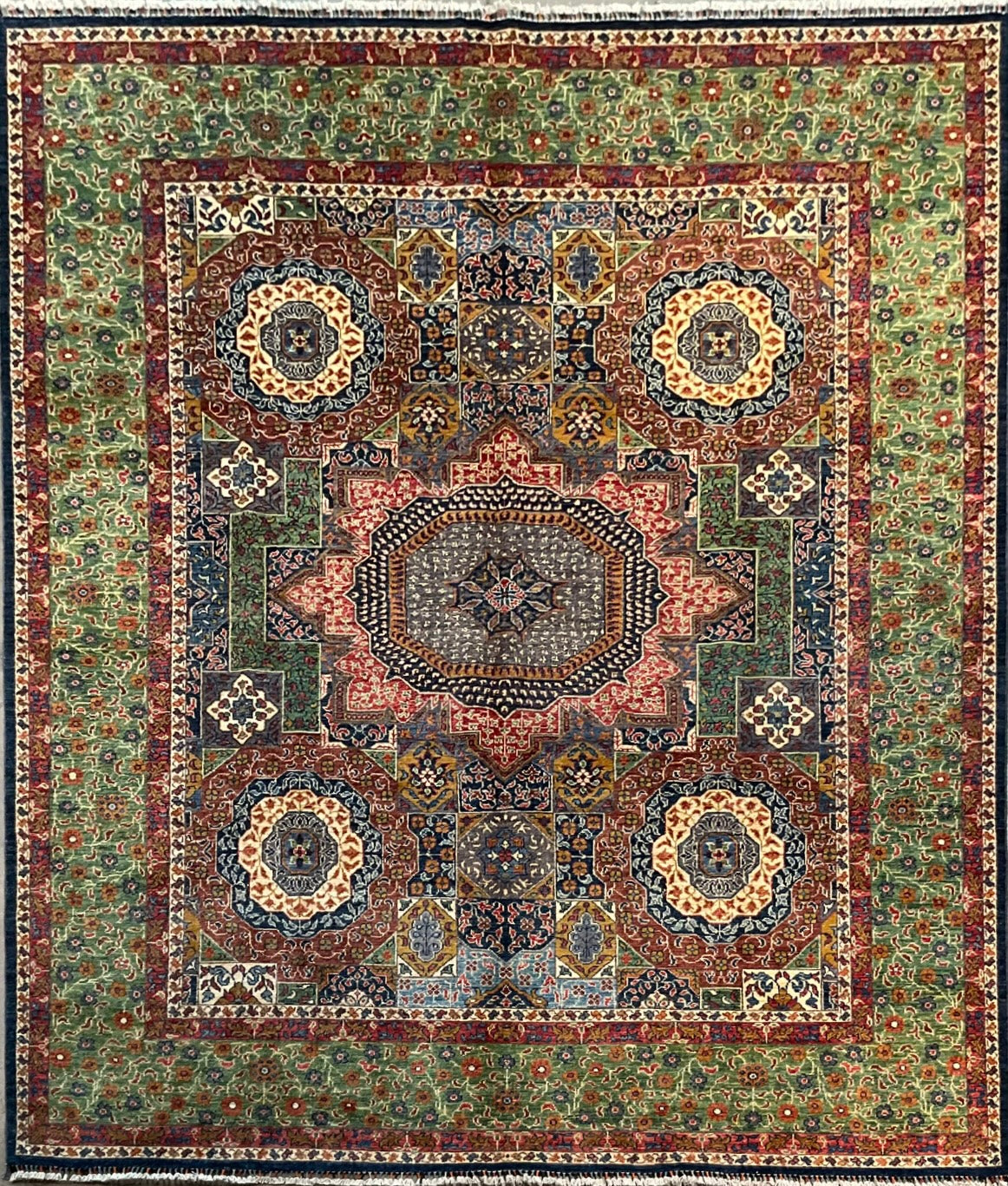 Old Egyptian Medallion Rug with Dark Blue Center & Green Border | NU-8592