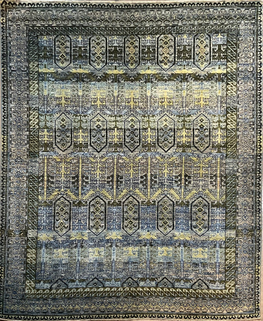 Geometric Wool Rug – Light Blue Black Olive Gold Design | NU-8849