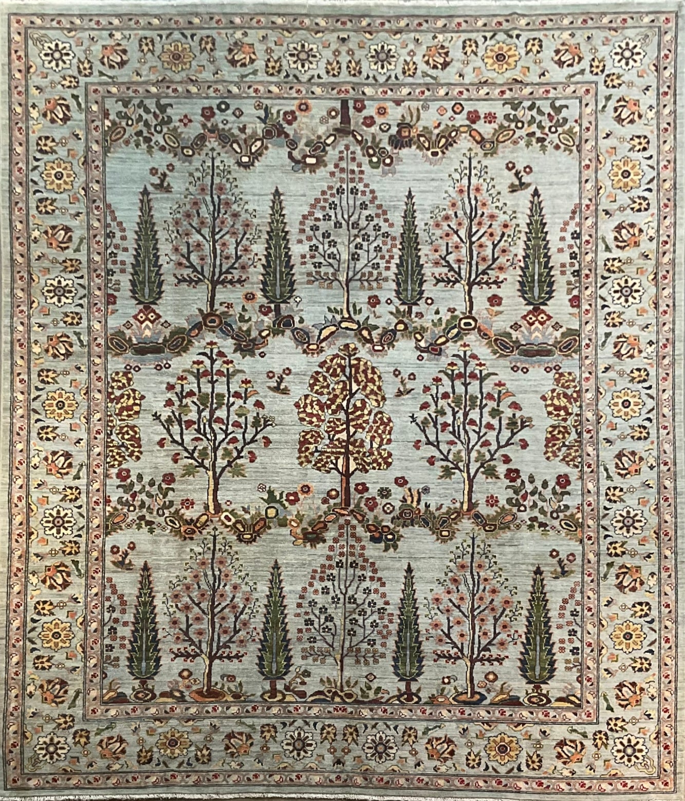 Tribal Area Rug in Soft Green & Blue with Tree Motif | NU-9013