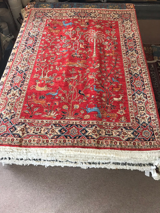 Handmade Afghan Persian Garden Rug in Red Vegetable Dye | 1807-